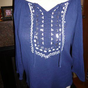 JM Collection Blue Embellished 3/4 Sleeve Top  Navy cotton crepe peasant top